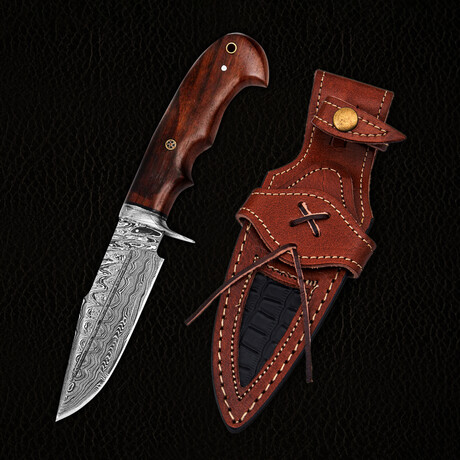 10" Walnut Wood Handle // Damascus Knife // Leather Sheath // Dark Brown