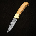 6.5" Handmade Olive Wood Handle // Damascus Pocket Knife // Leather Sheath