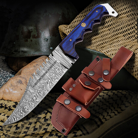 12" Egnormic Blue Wood Handle // Damascus Knife // Leather Sheath