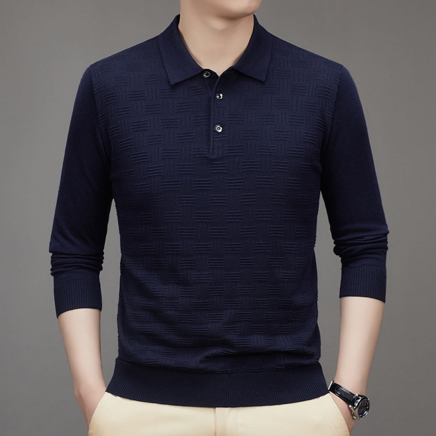 Basketweave Textured Long Sleeve Polo // Navy Blue (XS) - Atom Long ...