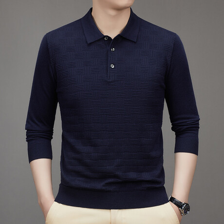 Checkerboard Knit Long Sleeve Polo // Navy Blue (XS)