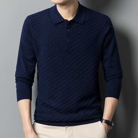 Basketweave Knit Long Sleeve Polo // Navy Blue (XS)