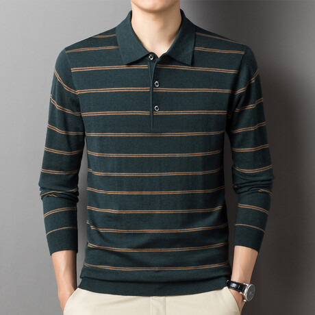 Long Sleeve Striped Polo // Dark Green (XS)