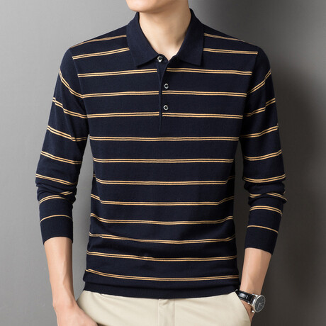 Long Sleeve Striped Polo // Navy Blue (XS)