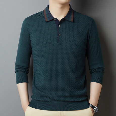 Plaid Collar Long Sleeve Polo // Green (XS)