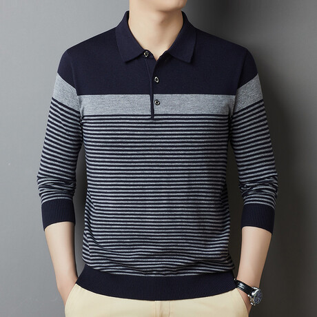Striped Contrast Long Sleeve Polo // Navy Blue (XS)
