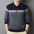 Striped Contrast Long Sleeve Polo // Navy Blue (S)