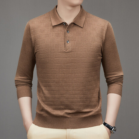 Checkerboard Knit Long Sleeve Polo // Brown (XS)