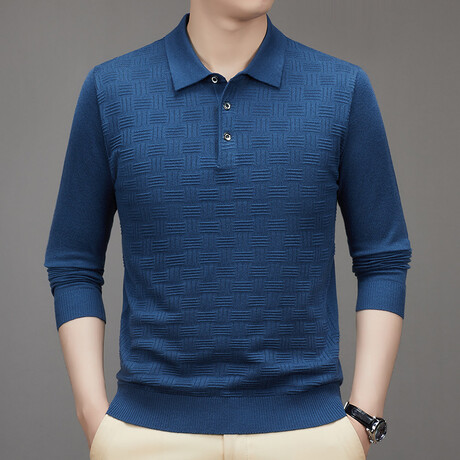Checkerboard Knit Long Sleeve Polo // Blue (XS)