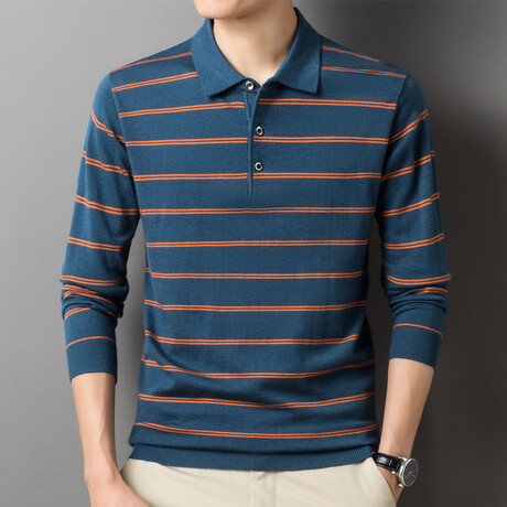 Long Sleeve Striped Polo // Blue (XS)