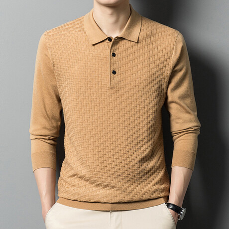 Basketweave Knit Long Sleeve Polo // Camel (XS)