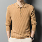 Basketweave Knit Long Sleeve Polo // Camel (S)