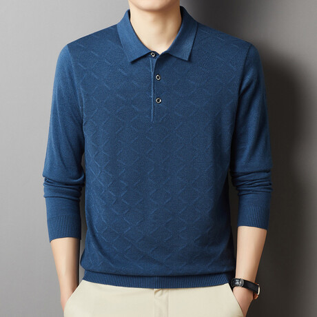 Diamond Jacquard Knit Long Sleeve Polo // Blue (XS)