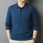 Plaid Collar Long Sleeve Polo // Blue (XS)