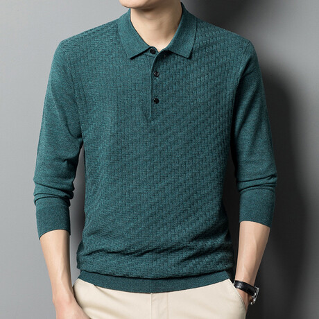 Basketweave Knit Long Sleeve Polo // Green (XS)