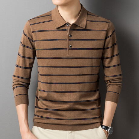 Long Sleeve Striped Polo // Camel (XS)