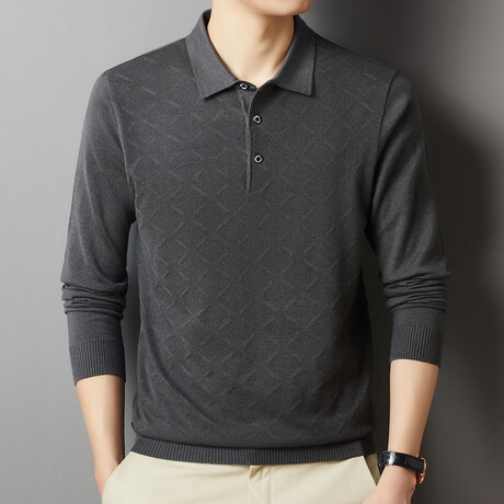 Diamond Textured Long Sleeve Polo // Gray (XS)
