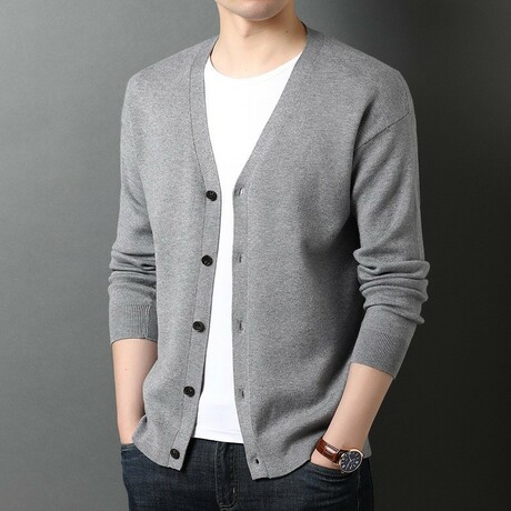 V-Neck Black Buttons Cardigan // Gray (XS)