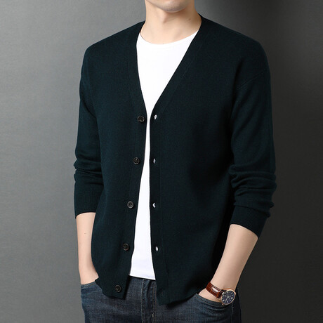 V-Neck Black Buttons Cardigan // Dark Green (XS)