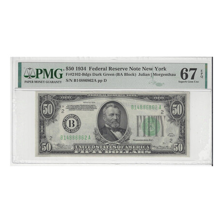 1934 $ 50 Federal Reserve B New York PMG 67 EPQ # 862 Lucky 88 serial number