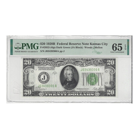 1928 B $ 20 Federal Reserve J Kansas City PMG 65 EPQ  Redeemable in Gold # 300