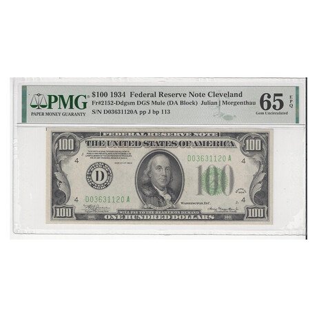 1934 $ 100 Federal Reserve D Cleveland MULE PMG 65 EPQ # 120