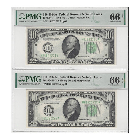 1934 A $ 10 Federal Reserve H St Louis 2 consecutive # 221 and 222 Fancy Serial Number