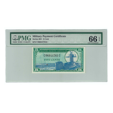 1970's $5 Military Payment Certificate // Vietnam War Series 681 // PMG Certified Gem Uncirculated 66 EPQ