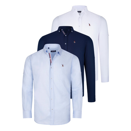 Set of 3 Button Up Shirts // White + Navy + Light Blue (S)