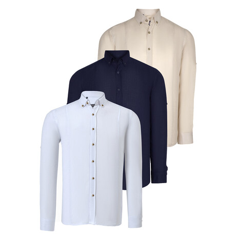 Set Of 3 Button Up Shirts // Beige + Navy + White (S)