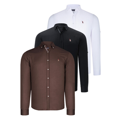 Set of 3 Button Up Shirts // White + Black + Brown (S)