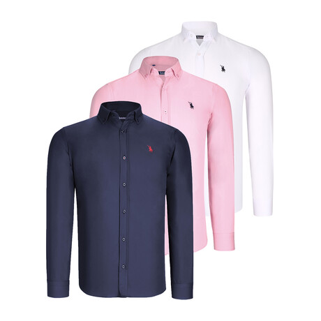 Set Of 3 Button Up Shirts // White + Navy + Pink (S)