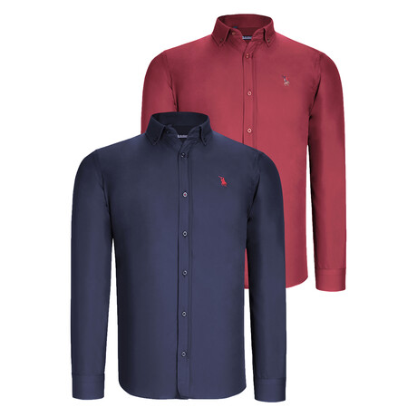 Set Of 2 Button Up Shirts // Navy + Burgundy (S)