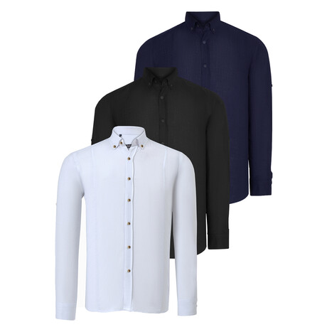 Set Of 3 Button Up Shirts // Navy + Black + White (S)