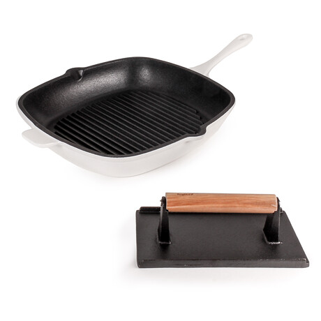 Neo 2Pc Cast Iron Grill Set: Grill Pan & Bacon/Steak Press // White