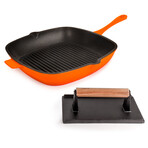 Neo 2Pc Cast Iron Grill Set: Grill Pan & Bacon/Steak Press // Orange