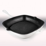 Neo 2Pc Cast Iron Grill Set: Grill Pan & Bacon/Steak Press // White