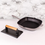 Neo 2Pc Cast Iron Grill Set: Grill Pan & Bacon/Steak Press,  Oyster
