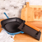 Neo 2Pc Cast Iron Grill Set: Grill Pan & Bacon/Steak Press // Blue