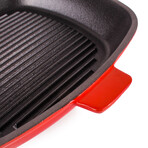 Neo 2Pc Cast Iron Grill Set: Grill Pan & Bacon/Steak Press // Red