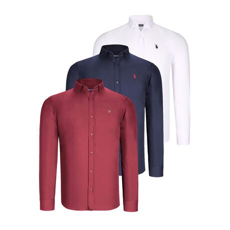 Set Of 3 Button Up Shirts // White + Navy + Burgundy (S)