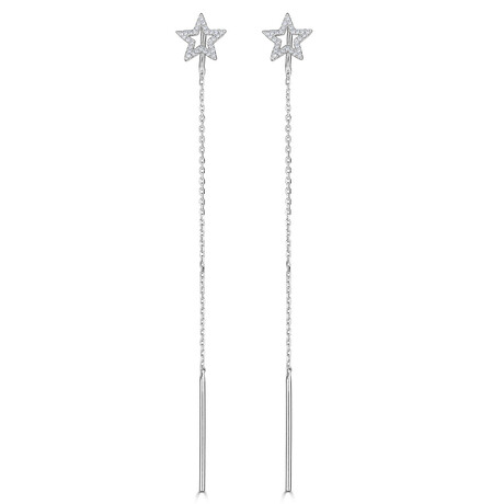 14K White Gold Diamond Star Outline Threader Earrings V.1
