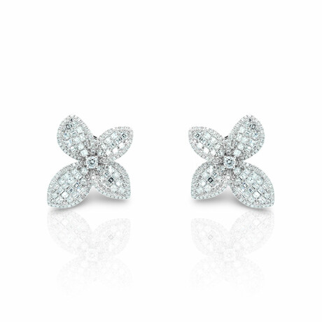 18K White Gold Diamond Flower Earrings // New