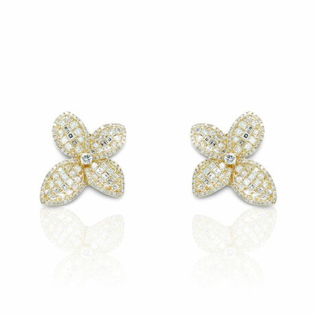 18K Yellow Gold Diamond Flower Earrings // New