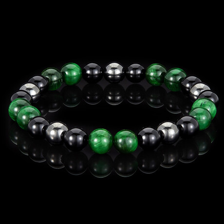 Green Tiger Eye + Onyx + Magnetic Hematite Stone Stretch Bracelet // 8"