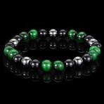 Green Tiger Eye + Onyx + Magnetic Hematite Stone Stretch Bracelet // 8"