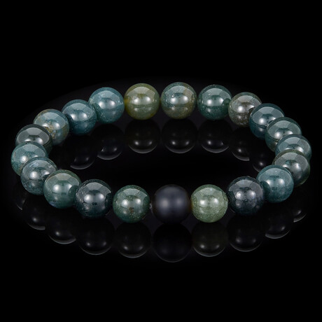 Moss Agate + Matte Onyx Stone Stretch Bracelet // 8.25"