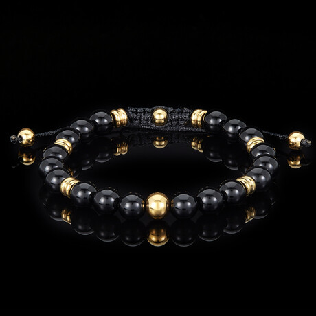 Onyx Stone + Gold Plated Stainless Steel Adjustable Bracelet // 8"