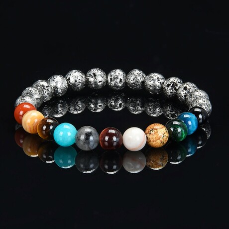 Gunmetal Coated Lava + Natural Stones Solar System Bead Stretch Bracelet // 8"