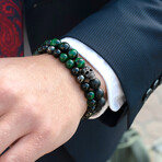 Green Tiger Eye + Onyx + Magnetic Hematite Stone Stretch Bracelet // 8"